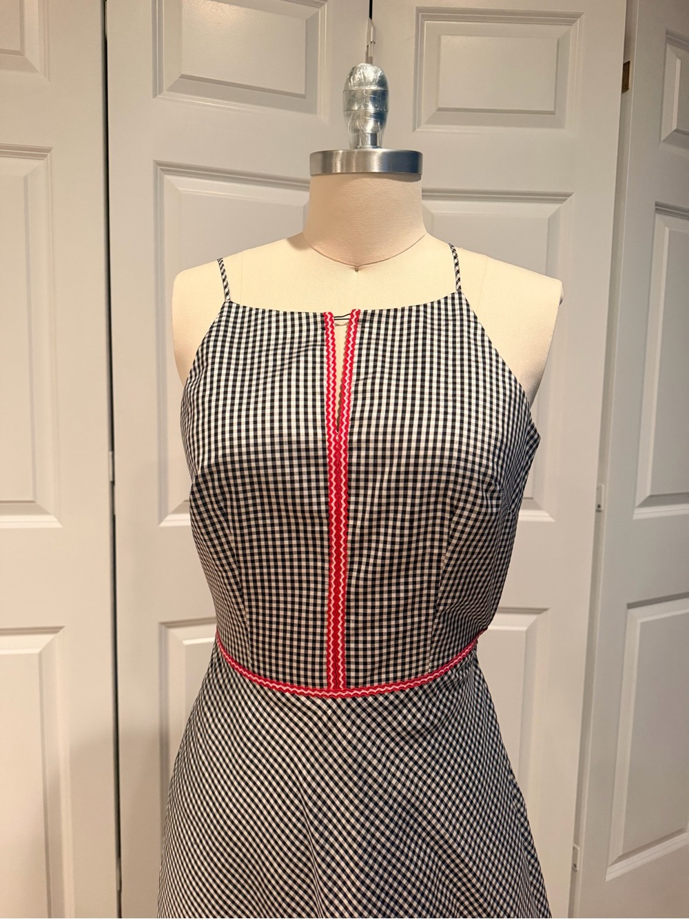 Sleeveless Black & White Gingham Fit-and-Flare Dress with Red  Trim